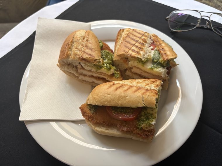 A pesto, mozzarella and tomato panini