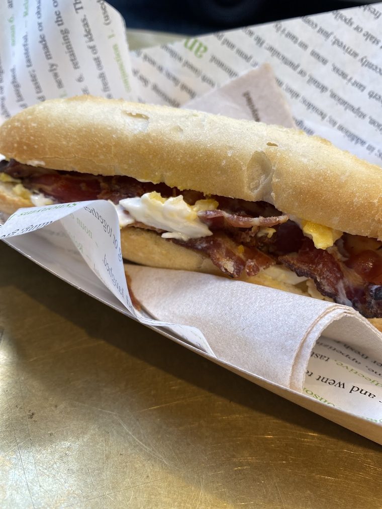 A bacon, egg and cheese baguette